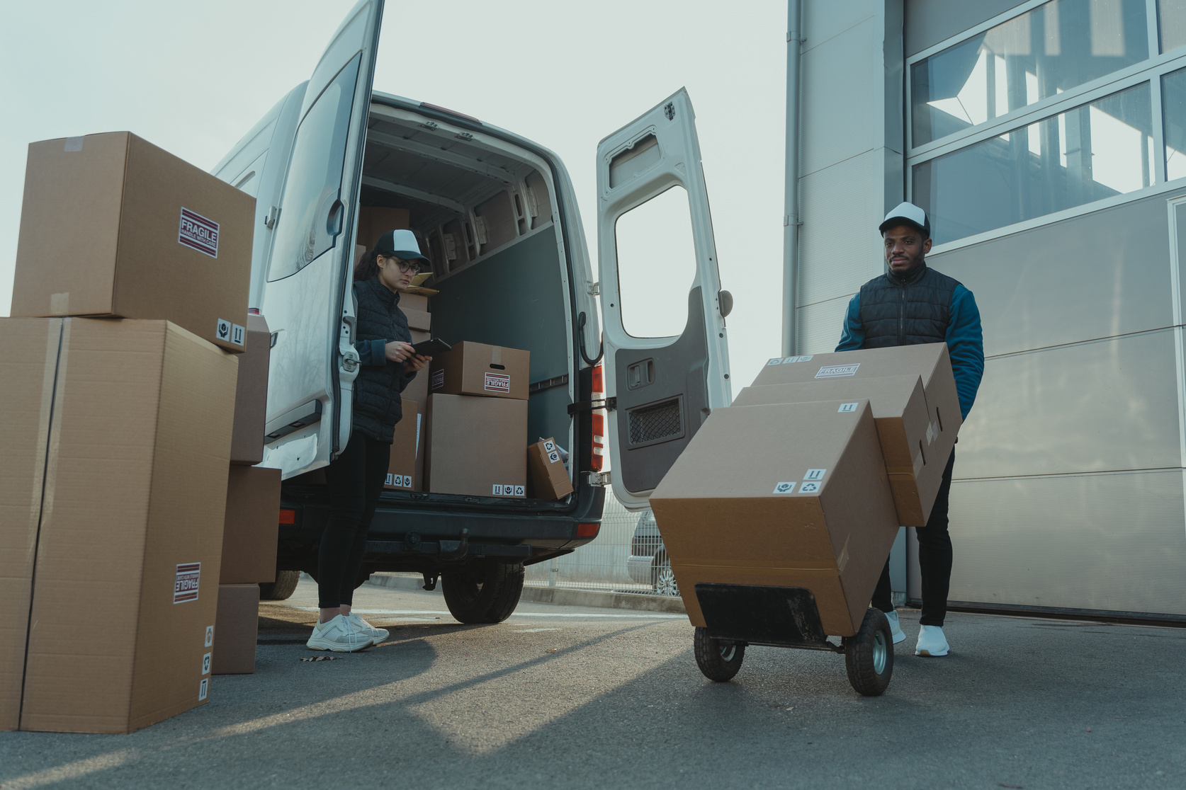 Delivery worker carefully moving parcels beside a light commercial van